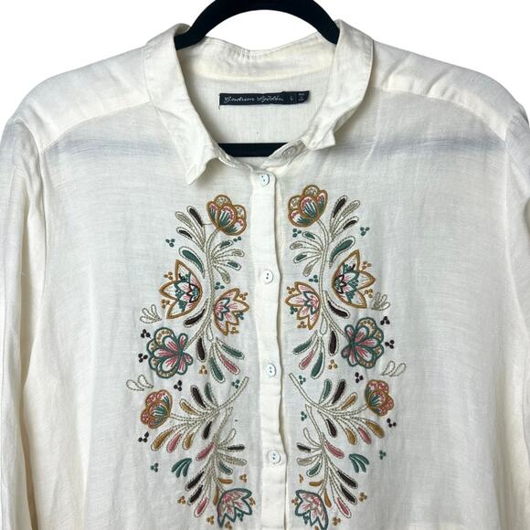 Gudrun Sjödén Embroidered Linen Cotton Peasant Blouse Top Tunic Size Large - Picture 2 of 8